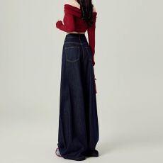 批发跑量款好质量宽松拖地垂感直筒长裤子深蓝色美式阔腿<b class='q'>牛仔裤</b>