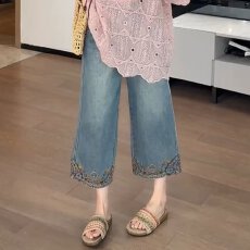 批发国风刺绣花朵直筒<b class='q'>牛仔裤</b>女夏薄款高腰显瘦休闲百搭阔腿裤