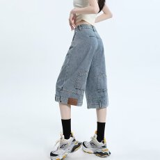批发美式复古怀旧蓝牛仔六分阔腿裤女2025夏季新款设计感倒装设计裤子