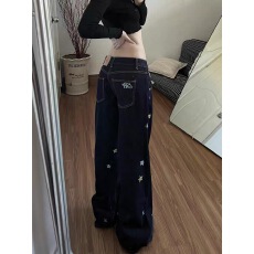 批发美式复古星星刺绣低腰弯刀<b class='q'>牛仔裤</b>女2026新款宽松bf慵懒风阔腿长裤