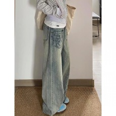 批发美式复古镶钻满天星口袋刺绣<b class='q'>牛仔裤</b>女春季宽松显瘦直筒阔腿拖地裤