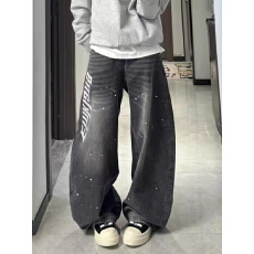 批发美式复古泼墨水洗字母印花阔腿<b class='q'>牛仔裤</b>女做旧垂感宽松休闲弯刀裤子