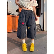 批发大码美式复古花朵刺绣牛仔七分裤男女高街vibe宽松阔腿工装短裤夏