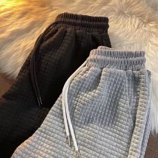 批发华夫格裤子宽松大码灰色直筒裤2026新款美式<b class='q'>运动</b>裤重磅<b class='q'>休闲</b>卫裤