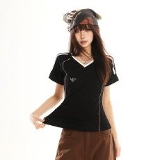 批发美式蓝色v领正肩短袖t恤女夏夏季设计感修身短款<b class='q'>运动</b>球衣半袖上衣