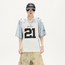 批发美式冰丝V领短袖t恤男女夏季潮牌宽松<b class='q'>运动</b>球衣设计感网眼透气上衣