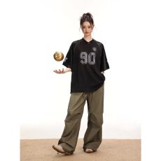 批发美式复古短袖T恤女夏季橄榄球球衣街头字母印花情侣宽松<b class='q'>运动</b>上衣