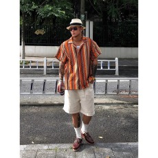 批发民族风镂空编织古巴领<b class='q'>半截</b><b class='q'>袖</b>衬衫男女复古夏季撞色设计感短<b class='q'>袖</b>衬衣