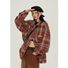 批发单件新款格子简约流行百搭文艺长袖原宿慵懒潮流<b class='q'>短外套</b>女直筒型