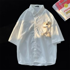 批发公仔小熊短袖<b class='q'>衬衫</b><b class='q'>男</b>女夏季<b class='q'>韩版</b>潮流宽松潮牌cleanfit休闲情侣<b class='q'>衬衣</b>