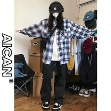 批发美式<b class='q'>街头</b>格子拼接衬衫男女春秋季少年感宽松休闲男友风衬衣外套潮