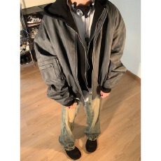 批发美式复古假两件连帽外套<b class='q'>男</b>女春秋新款拼接纹理感短款PU皮衣<b class='q'>夹克</b>潮