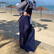 美式复古街头烫钻哥特字母卫裤秋季女爵士舞裤宽松直筒休闲阔腿裤