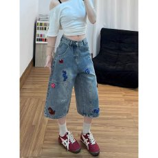 小狗刺绣六七分牛仔短裤女夏季薄款高腰宽松显瘦复古直筒阔腿中裤