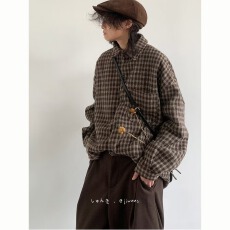 批发春秋款日系复古长袖百搭衬衫男女学院风小清新宽松细格纹工装衬衣