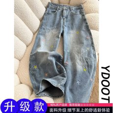 批发美式水洗彩色星星<b class='q'>绣花</b><b class='q'>牛仔裤</b>男女街舞个性设计感宽松百搭阔腿长裤