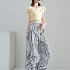 批发美式潮牌<b class='q'>女</b>大码300斤格子裤子春秋款宽松弯刀<b class='q'>长裤</b>
