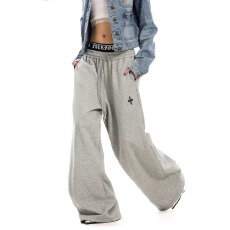 批发潮牌美式假两件双腰头十字架卫裤男女宽松垂坠感运动<b class='q'>休闲</b>阔腿裤子