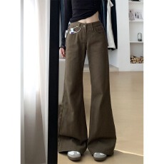 批发棕咖色<b class='q'>微喇</b><b class='q'>牛仔裤</b>女2026春季新款美式低腰宽松显瘦直筒喇叭裤子