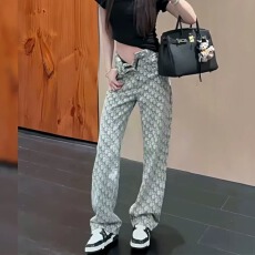 批发复古灰色字母满印花窄版直筒牛仔裤<b class='q'>女</b>春夏高腰显瘦休闲阔腿<b class='q'>长裤</b>潮
