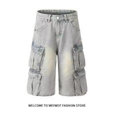 批发大码美式街头水洗多口袋工装七分裤男女宽松显瘦阔腿<b class='q'>休闲</b>牛仔短裤