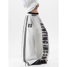 批发美式复古运动风字母印花卫裤男女宽松设计感阔腿裤<b class='q'>休闲</b>裤冬季