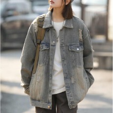 批发破洞牛仔夹克女男高街复古春秋休闲潮胖子宽松痞帅百搭情侣外套