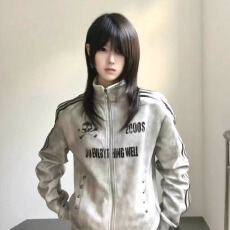 批发水洗喷脏做旧320拼接皮条卫衣男女上上签春秋立领夹克<b class='q'>外套</b>上衣