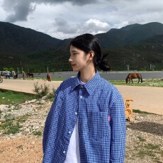 批发美式复古撞色<b class='q'>刺绣</b>格子长袖<b class='q'>衬衫</b>女秋夏季设计感格纹休闲百搭外套