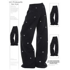 批发美式复古十字满印休闲<b class='q'>裤</b>女秋冬季百搭直筒简约阔<b class='q'>腿</b>宽松运动卫<b class='q'>裤</b>子