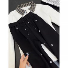 批发美式复古十字满印休闲<b class='q'>裤</b>女春秋季百搭直筒简约阔<b class='q'>腿</b>宽松运动卫<b class='q'>裤</b>子
