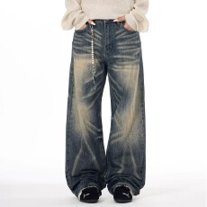 批发美式复古水洗做旧猫须弯刀牛仔<b class='q'>裤</b>女秋季新款休闲宽松显瘦阔腿<b class='q'>裤</b>子