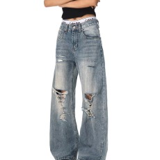 批发2026美式复古痞帅做旧破洞牛仔<b class='q'>裤</b>女新款高街宽松直筒阔腿长<b class='q'>裤</b>子