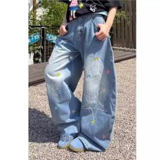 批发美式水洗星星刺绣弯刀牛仔<b class='q'>裤</b>女2026春季新款宽松直筒阔<b class='q'>腿</b>拖地<b class='q'>裤</b>子