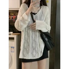 批发白色<b class='q'>镂空</b>抽绳绑带v领防晒<b class='q'>针织</b>衫女夏季早秋冰丝薄款空调<b class='q'>罩衫</b>上衣