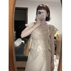 批发韩系<b class='q'>镂空</b>钩花短袖<b class='q'>针织</b>衫女装夏季设计感小众叠穿系带流苏<b class='q'>罩衫</b>上衣