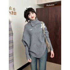 批发韩系不规则设计感宽松小众灰色斗篷<b class='q'>高领</b>星星<b class='q'>毛衣</b>披风针织衫女秋冬