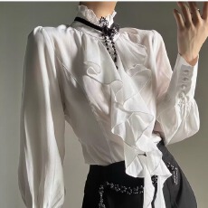 批发四面弹法式乐盛兴复古宫廷风衬衫<b class='q'>男</b>女性中式收腰荷叶边垂感衬衣