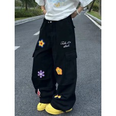 批发美式街头小花贴布刺绣工装<b class='q'>牛仔裤</b>女小众设计感宽松阔腿弯刀拖地裤