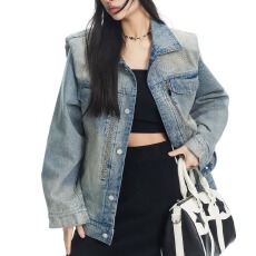 批发美式复古重工水洗直角垫肩牛仔夹克<b class='q'>外套</b>男女秋季新款高级感上衣潮