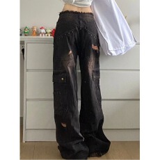 批发春秋做旧工装牛仔裤<b class='q'>女</b>早春美式高街复古高街宽松显瘦直筒阔腿裤子