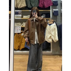 批发美拉德棕色机车PU皮衣外套女秋<b class='q'>冬</b>季中性风美式复古街头宽松夹克潮