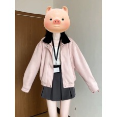 批发甜美风粉色翻领休闲夹克上衣女早秋小众设计感宽松美式棒球服外套