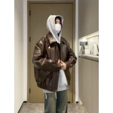 批发美拉德棕色机车PU皮衣外套女秋冬季中性风美式复古<b class='q'>街头</b>宽松夹克潮