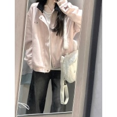 批发甜美风粉色翻领休闲夹克上衣女早秋小众设计感宽松美式棒球服外套