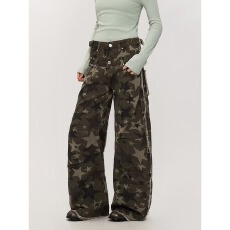 批发美式续战微喇迷彩工装牛仔裤2026春夏男女宽松百搭<b class='q'>时尚</b>阔腿拖地裤