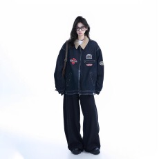 批发美式几何复古重工哈灵顿夹克男女休闲翻领外套情侣宽松<b class='q'>百搭</b>时尚款