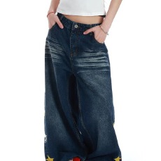 批发潮流牛仔很忙星星<b class='q'>牛仔裤</b>百搭水洗做旧弯刀休闲裤男女小众宽松长裤