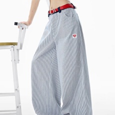 批发条纹刺绣爱心<b class='q'>牛仔裤</b>春夏十八先生宽松垂感休闲裤女男阔腿拖地裤