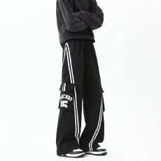 批发美式条纹工装裤<b class='q'>休闲裤</b>春秋季男女宽松高街潮街舞阔腿弯刀裤子慵懒